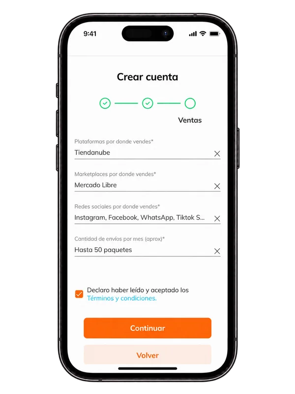 Paso 3 del registro en el celular: plataformas, marketplaces, redes sociales, envíos por mes y la casilla de términos y condiciones