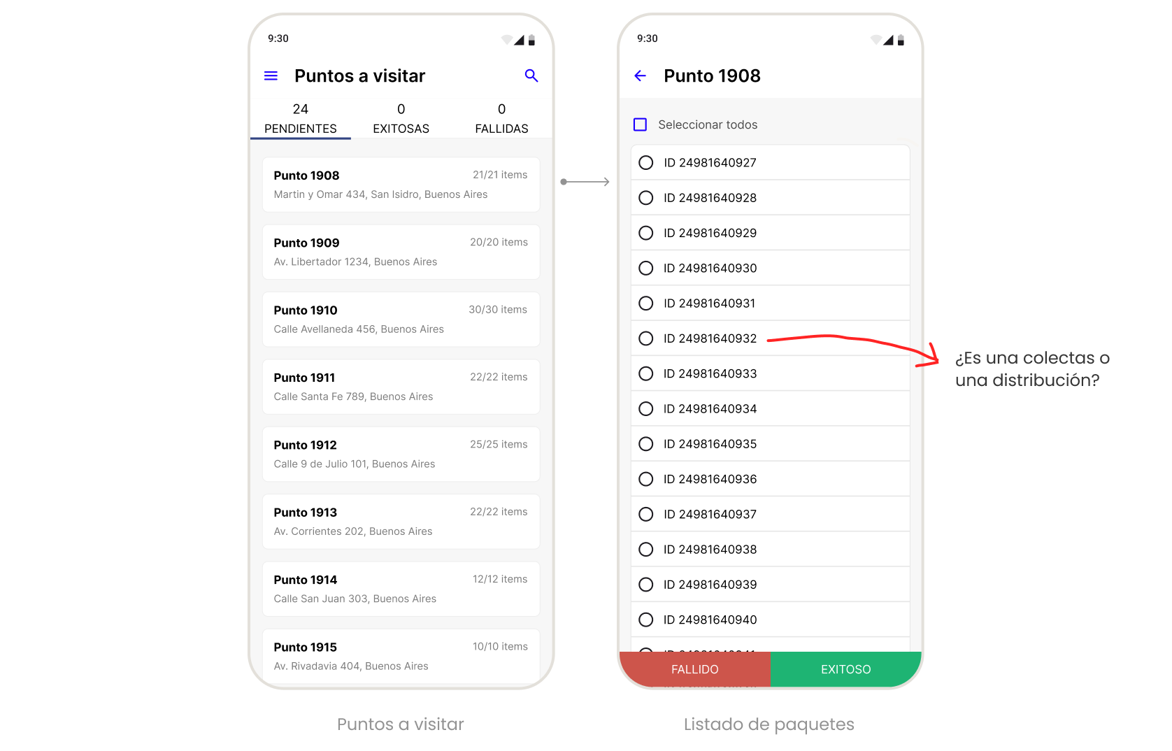 Pantalla original de la app mostrando el problema de visibilidad de paquetes