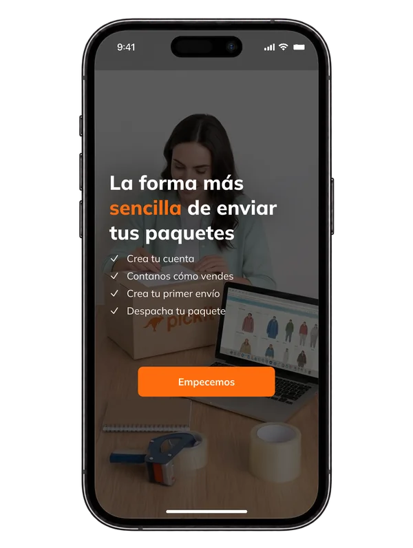 Landing del registro en el celular: 'La forma más sencilla de enviar tus paquetes', con los cuatro pasos para empezar y el botón Empecemos