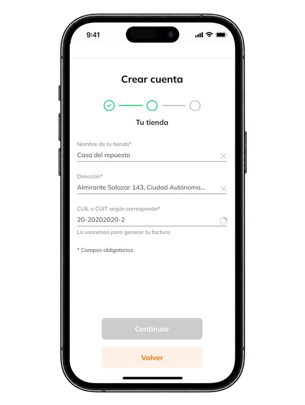 Paso 2 del registro en el celular: nombre de la tienda, dirección y CUIT, con la aclaración de que se usa para la factura