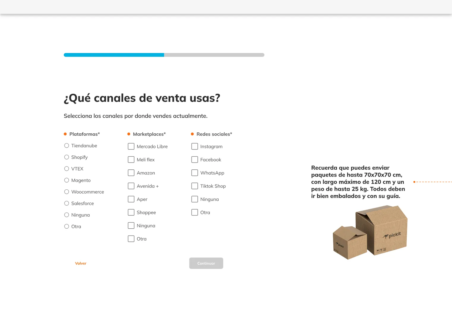 Registro anterior: pantalla '¿Qué canales de venta usas?' con tres grupos obligatorios de opciones