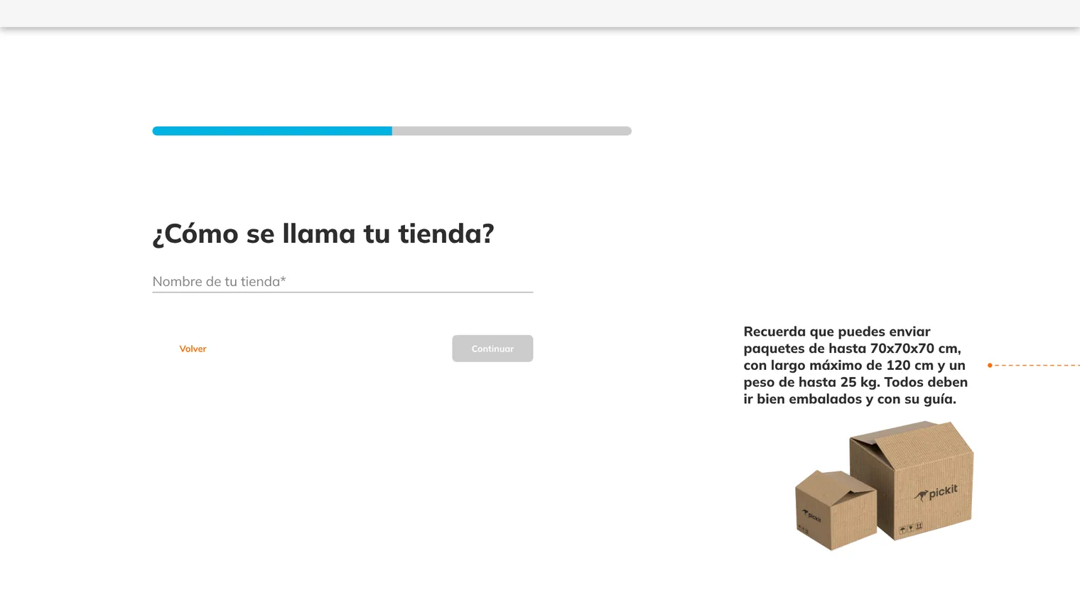 Registro anterior: pantalla '¿Cómo se llama tu tienda?' con una ilustración de cajas y un texto sobre medidas de paquetes al costado