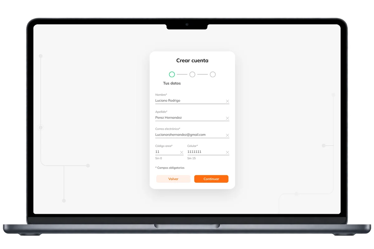 Primer paso del registro rediseñado en una notebook: Crear cuenta, con un indicador de 3 pasos y los datos de contacto